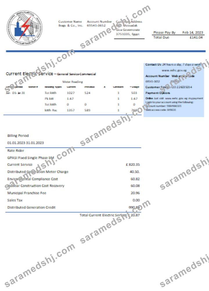 Egyptian Electricity utility business bill,  SCR
